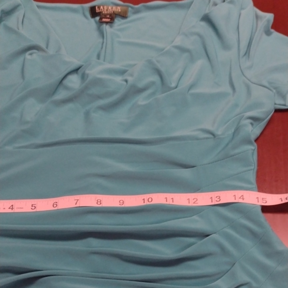 Lauren Ralph Lauren Asymmetrical Ruched Cowl Neck Dress in Blue Green - Picture 10 of 15